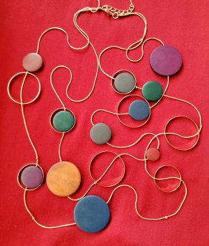 Necklace with Brown, Blue and Plum Colored Disks