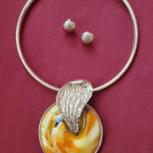 Faux Gold Necklace wth Orange, Green and Brown Medallion