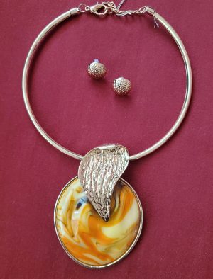 Faux Gold Necklace wth Orange, Green and Brown Medallion